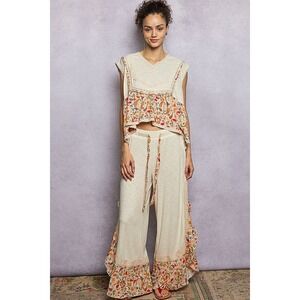 POL Boho Paisley Ruffle Wide Leg Palazzo Pants Cream Floral‎ Lace Trim SIZE S